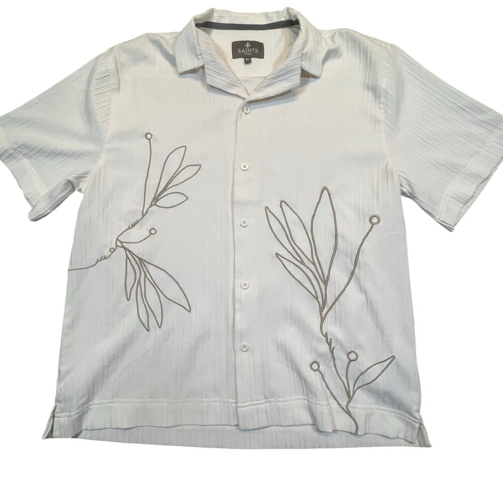 Saints Studio Men Large White Floral Embroidered Button Up Resort Vacation Shirt